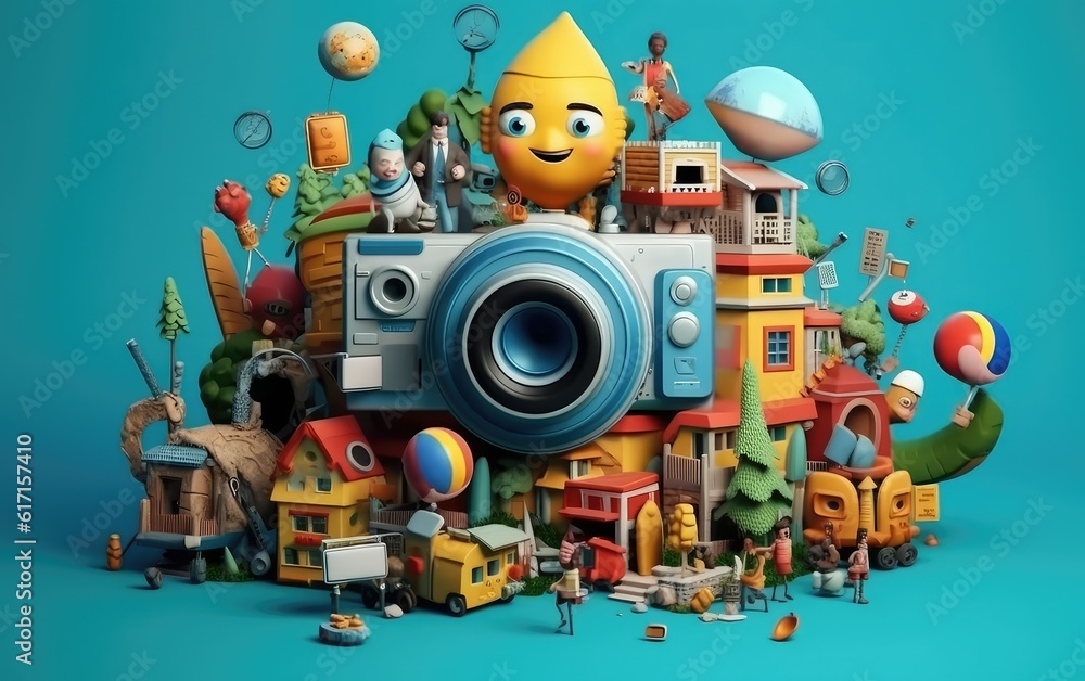 3d render of World Photography day, cartoon characters with camera

