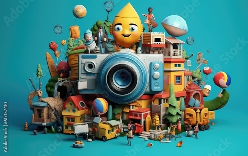 3d render of World Photography day  cartoon characters with camera  