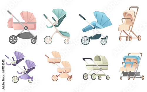 Set of colorful baby carriage on wheels vector illustration isolated on white background