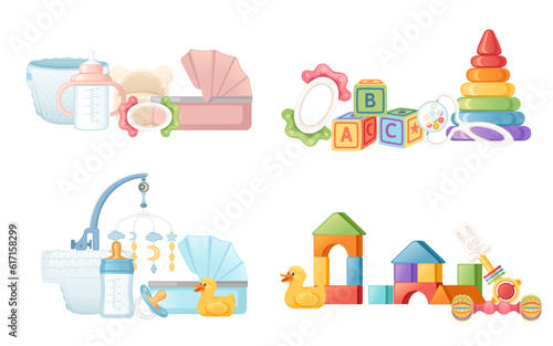 Set of items for baby care carriage milk bottle and toys vector illustration isolated on white background