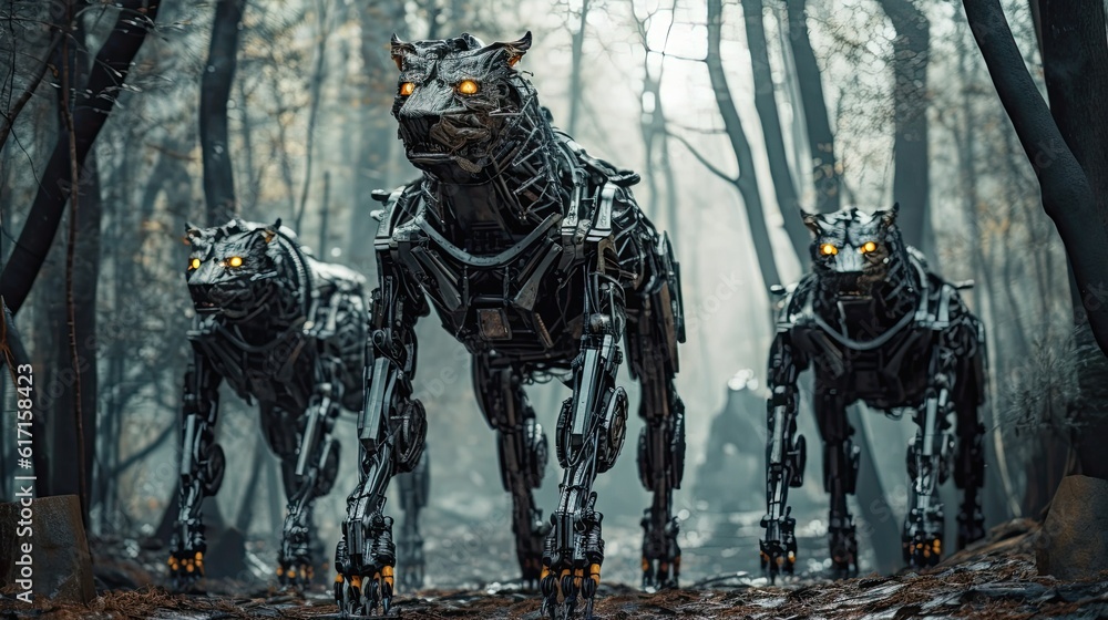 A group of Futuristic Wolf robots in the forest A group of Futuristic Wolf robots in the forest