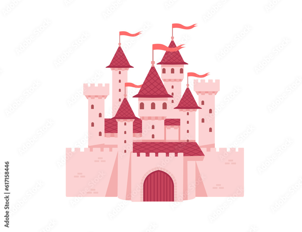 Fantasy medieval stone castle with towers gate and flags pink color style vector illustration isolated on white background