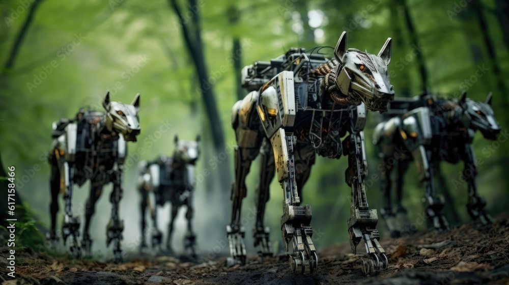 A group of Futuristic Wolf robots in the forest A group of Futuristic Wolf robots in the forest