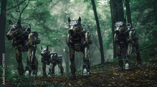 A group of Futuristic Wolf robots in the forest