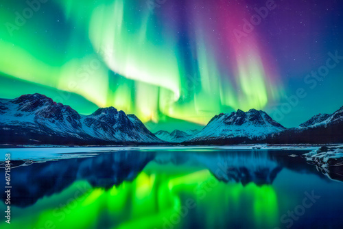 Aurora borealis turns the night sky into a mesmerizing canvas above the illuminated setting. Generative AI.