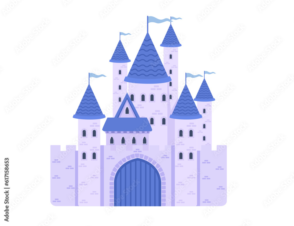 Fantasy medieval stone castle with towers gate and flags purple color style vector illustration isolated on white background