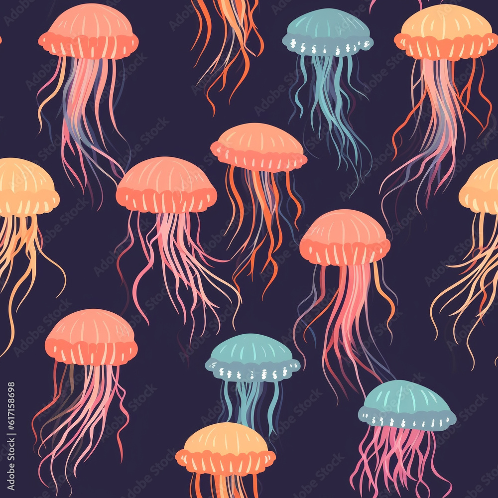 Fototapeta premium A Continuous Repeating Tile Pattern of Minimal Jellyfish Design | Generative AI