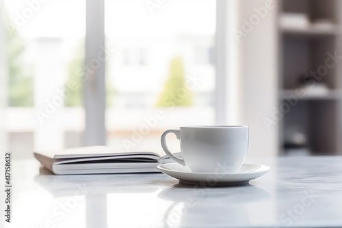 Cup of coffee or tea on the white table against the window