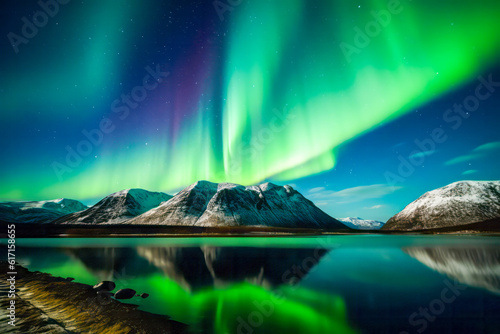 Aurora borealis creates a captivating visual spectacle above the illuminated setting. Generative AI.