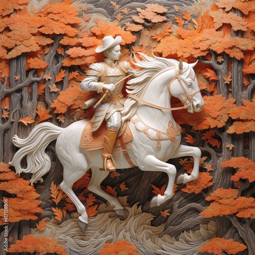 Man riding white horse on autumn foliage in paper art style