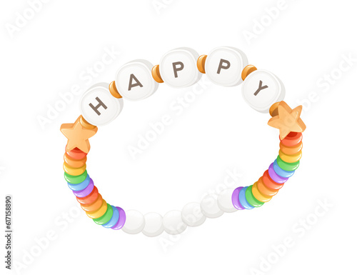 Colorful funky bracelet from bright plastic beads with HAPPY letters beads vector illustration isolated on white background