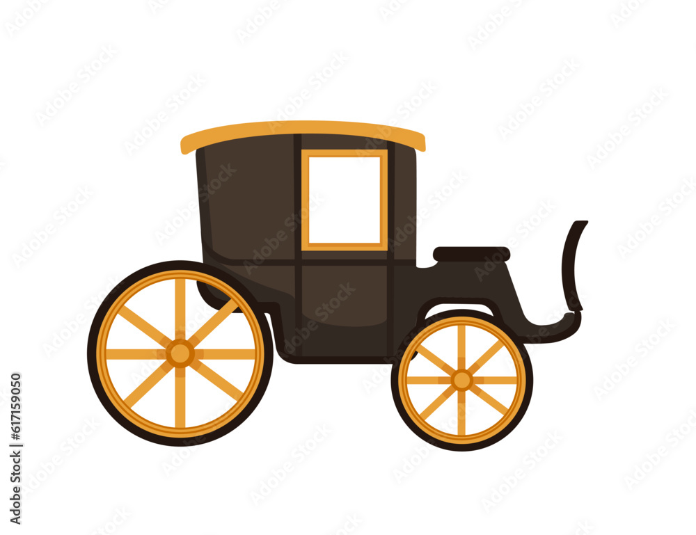 Retro wedding or royal wooden carriage on wheels black color chariot with roof vector illustration isolated on white background