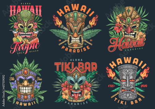 Tiki masks set emblems colorful