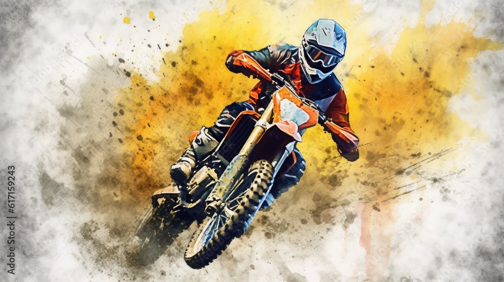 Motocross rider in action on the track in the air over splatter Motocross rider in action on the track in the air over splatter