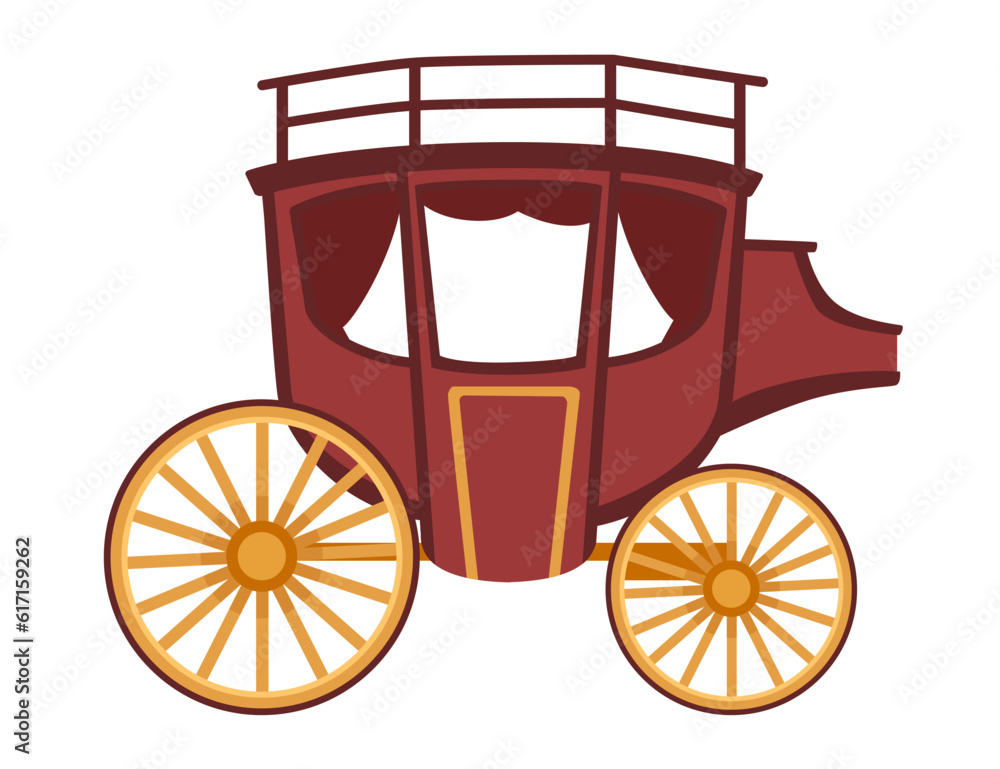 Retro wedding or royal wooden carriage on wheels red color chariot with roof vector illustration isolated on white background