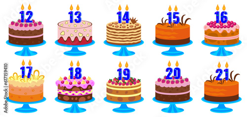 Set of birthday cakes with candles photo