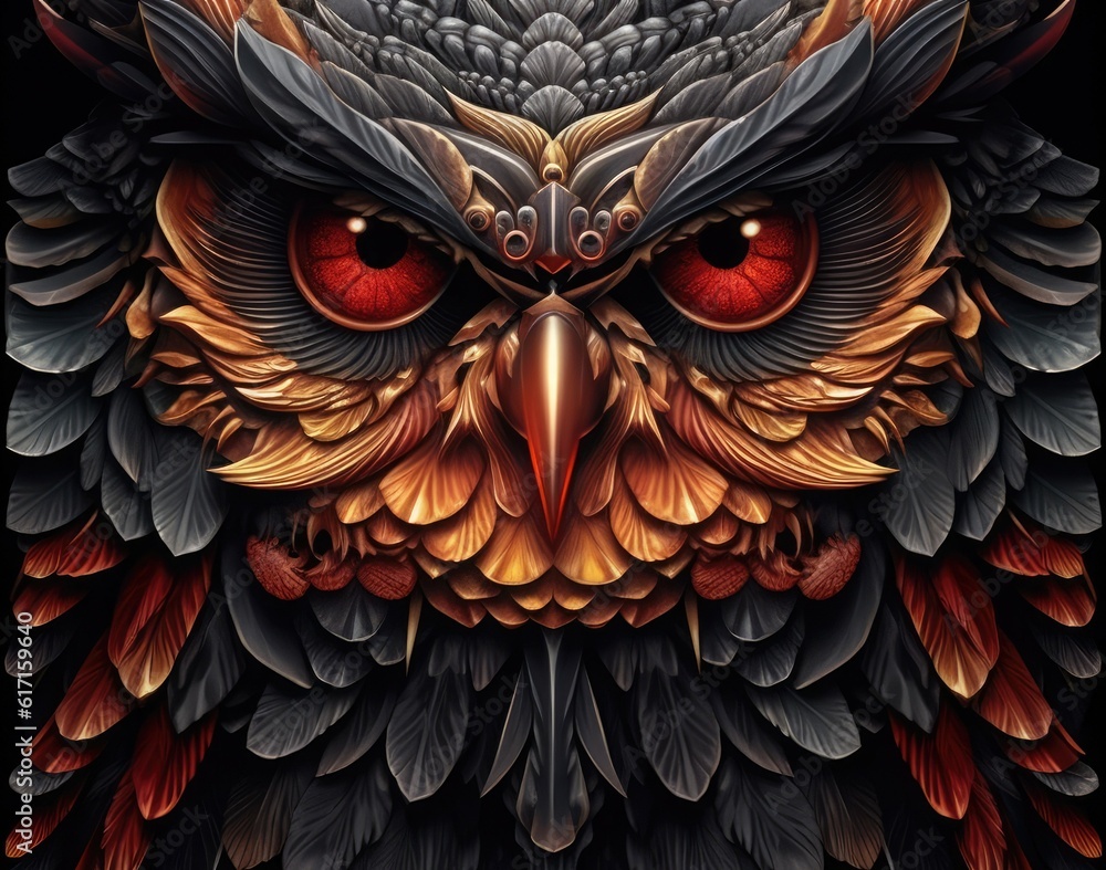 Naklejka premium Fantasy black owl with red eyes