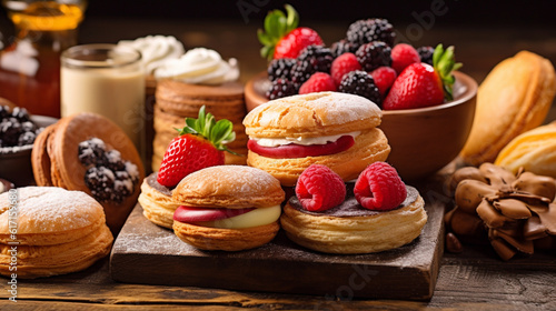 Wallpaper Mural A mouthwatering assortment of pastries arranged on a rustic wooden table, featuring buttery croissants, fruit tarts, and colorful macarons, ready to be savored Generative AI Torontodigital.ca