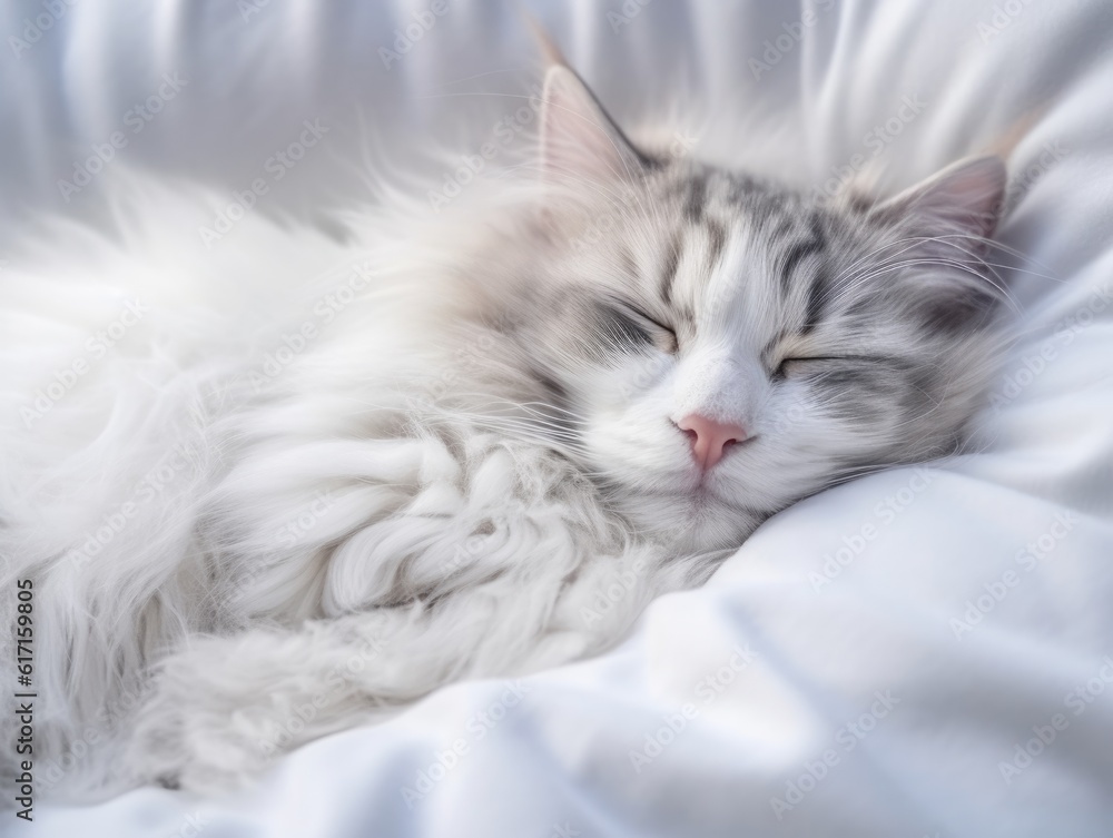 Norwegian Forest white cat sleeping on white bed and looks at you. Happy fluffy pet. Bright room, light colors. Comfortable pet sleeping in cozy home. Top view