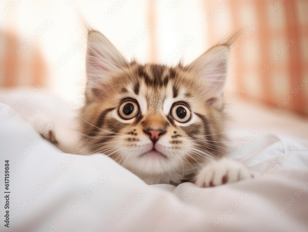 Norwegian Forest cat lying on white bed and looks at you. Happy fluffy kitten. Charming feline look. Light colors. Comfortable pet in cozy home. Top view Norwegian Forest cat lying on white bed and looks at you. Happy fluffy kitten. Charming feline look. Light colors. Comfortable pet in cozy home. Top view