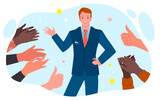 Cartoon people clap and congratulate, appreciate man with positive gestures, public praise, applause for good job. Hands of business team applaud to confident businessman in suit vector illustration