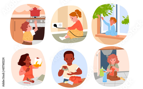 Dangerous situations with naughty kids set vector illustration. Cartoon accidents with children playing near open window, boiling pot in kitchen and burning match, electricity socket, detergents