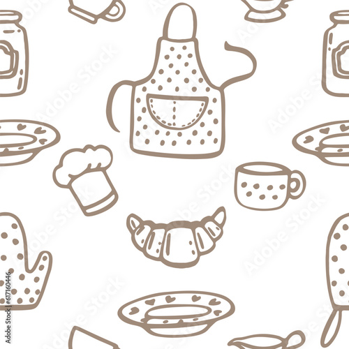 Seamless pattern with cooking kitchen symbols doodle style vector illustration on white background