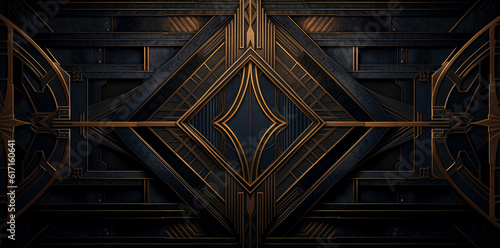 Art deco geometric pattern in gold and black  in the style of dark indigo and dark bronze  intricate lines  intricate engravings.