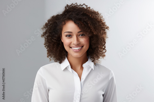 Beautiful person smiling in front of a white background ai generated