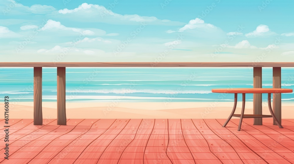 A wooden table on a beach for product displays. (Illustration, Generative AI)