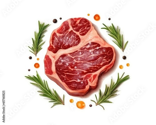 The raw ribeye steak with spices isolated on white. (Illustration, Generative AI)