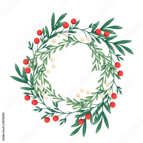 Merry Christmas wreath mistletoe with red berries vector illustration isolated on white background