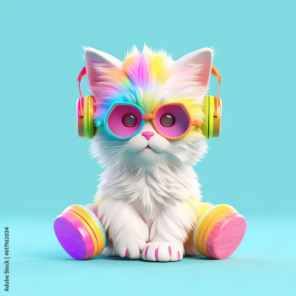 Fototapeta colorful cartoon character small Cat wearing sunglasses and headphones