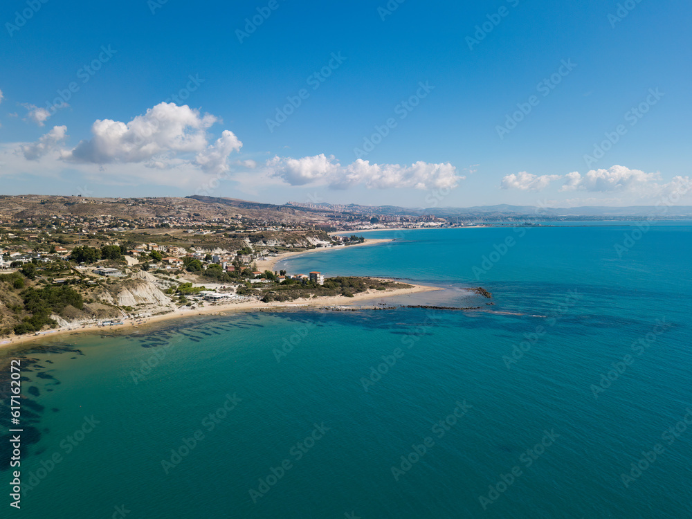 Italian city and coastal beach photographed by drone. Sicily.