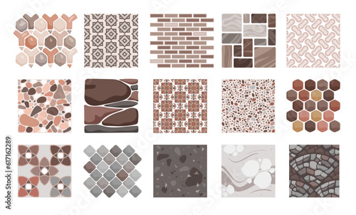 Pavement textures and floor tiles set vector illustration. Cartoon isolated blocks and stones of paved street and sidewalk, natural bricks of stonewall or footpath in yard, top view pattern collection