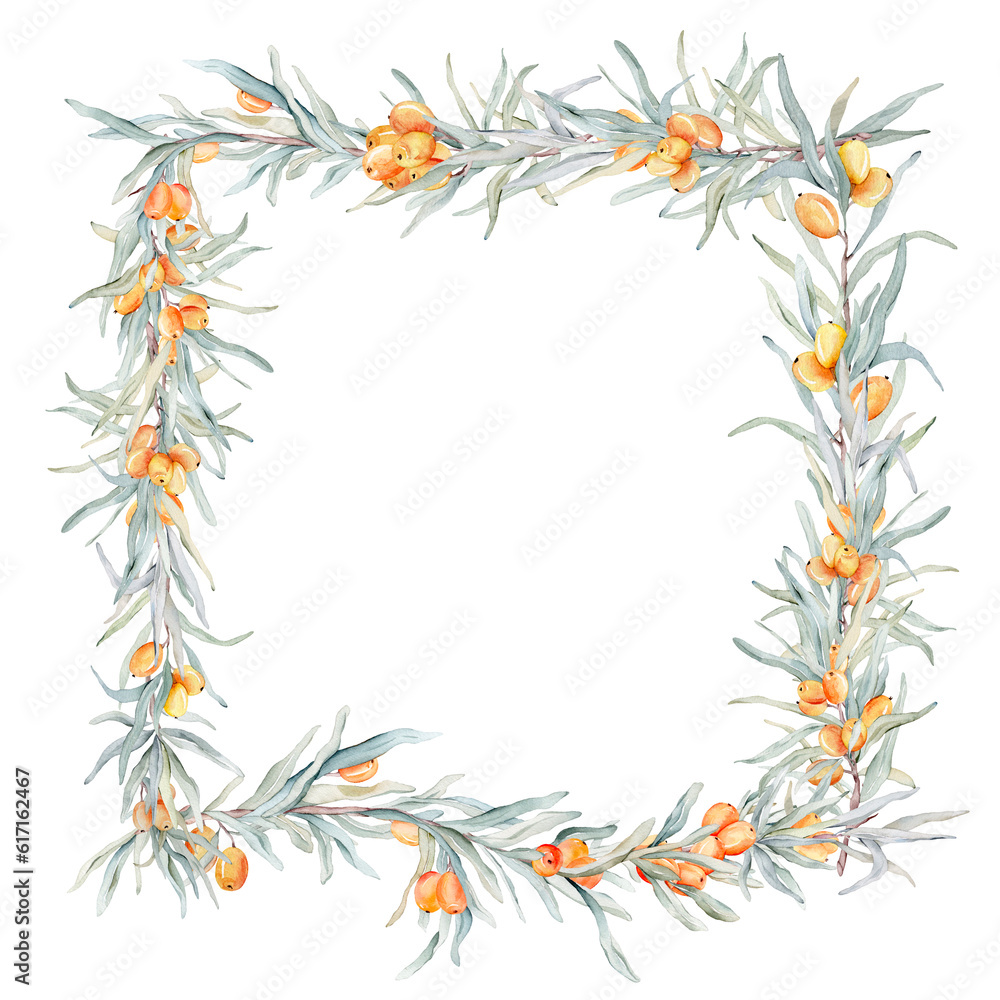 Watercolor frame of branches and orange sea buckthorn berries. Decorative element for greeting card. Illustration