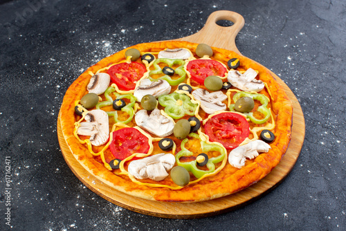 front view tasty mushroom pizza with red tomatoes bell peppers olives and mushrooms all sliced inside on the grey desk food meal pizza italian