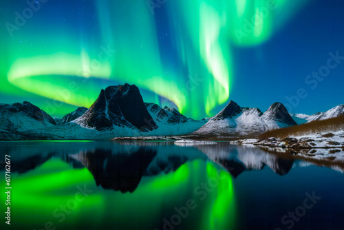 A vivid display of the high saturated Aurora borealis unfolds above the beautifully illuminated scene. Generative AI.