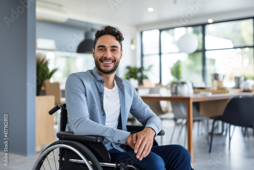 Fotografie, Obraz happy positive working people in a wheelchair ai generated