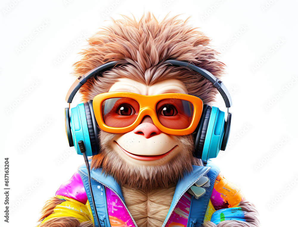colorful cartoon character small Monkey wearing sunglasses and headphones