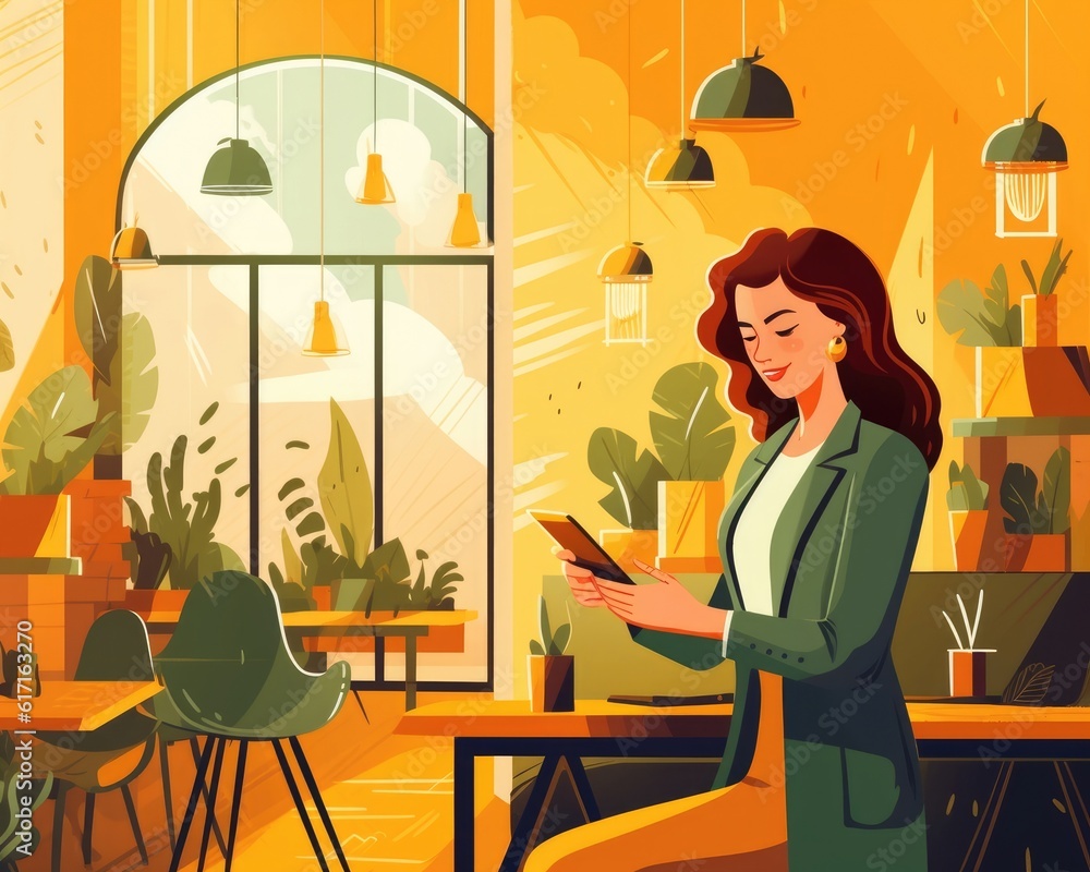 A woman in a coworking office reads a happy text message. (Illustration, Generative AI) A woman in a coworking office reads a happy text message. (Illustration, Generative AI)