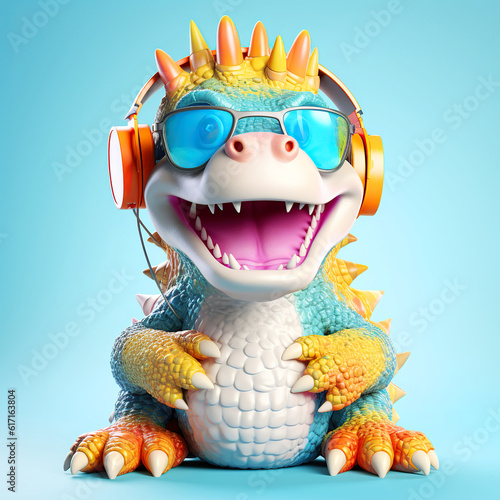colorful cartoon character small crocodile wearing sunglasses and headphones