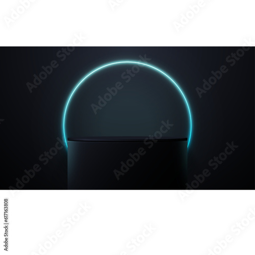 Realistic 3d cylinde pedestal podium on black background with neon glowing cirlce, abstract rooms. Stage showcase, Product display. Vector rendering geometric forms. Minimal wall scene.
