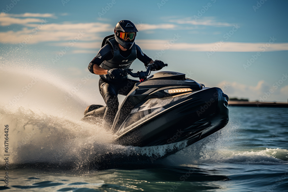 A man on a jet ski in a helmet rides into the sea in the spray of waves
