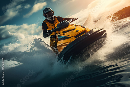 A man on a jet ski in the sea in the spray of waves © Prozhivina Elena