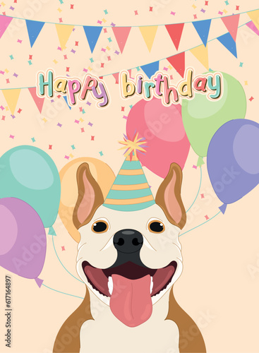 Cute birthday invitational card with a happy dog Vector illustration
