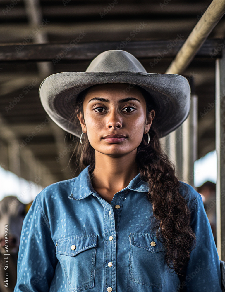 Brazilian woman smiling, cattle farmer, is standing in front of her cattle, farm background, natural light background, aspect ratio 5:7, ideal for digital and social media communication Brazilian woman smiling, cattle farmer, is standing in front of her cattle, farm background, natural light background, aspect ratio 5:7, ideal for digital and social media communication