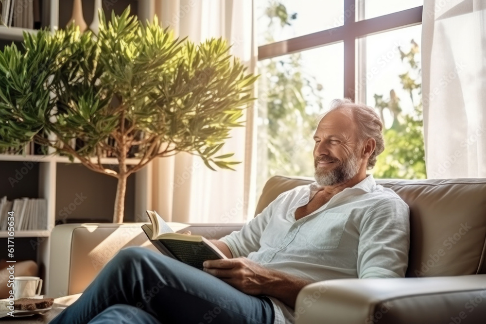 Fototapeta premium Person reading a book in a modern livingroom ai generated