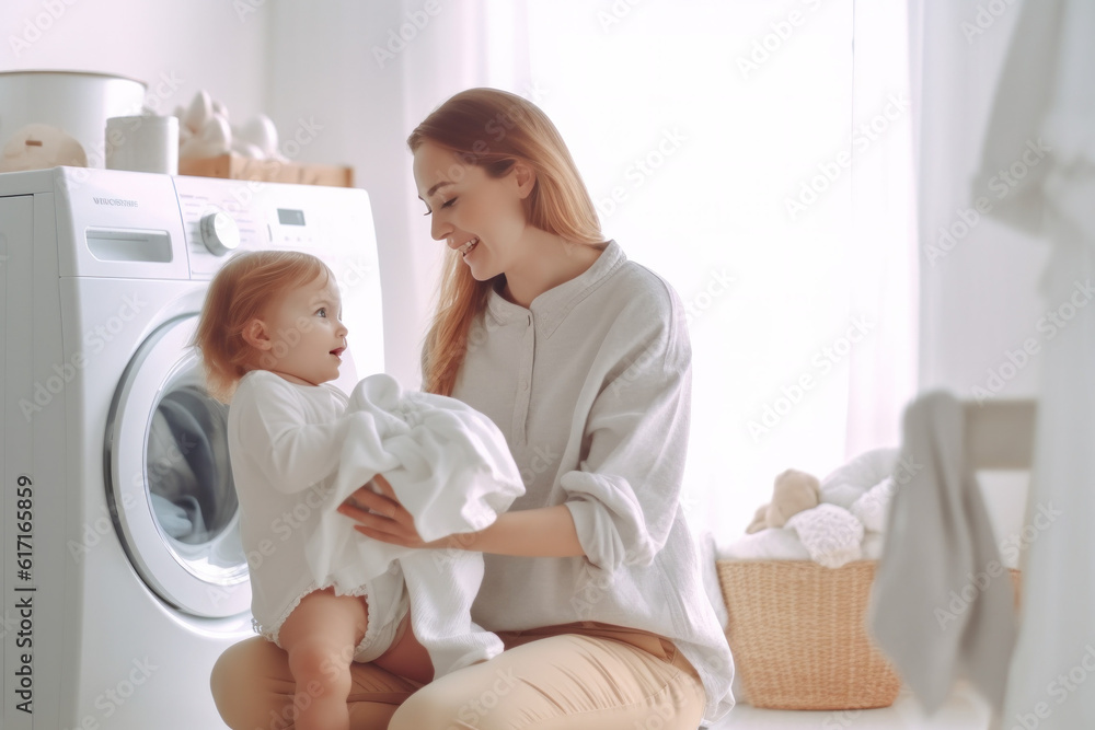 Happy woman doing laundry ai generated Happy woman doing laundry ai generated