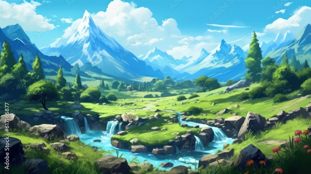 A land with beautiful views, mountains in the background, beautiful vegetation game art